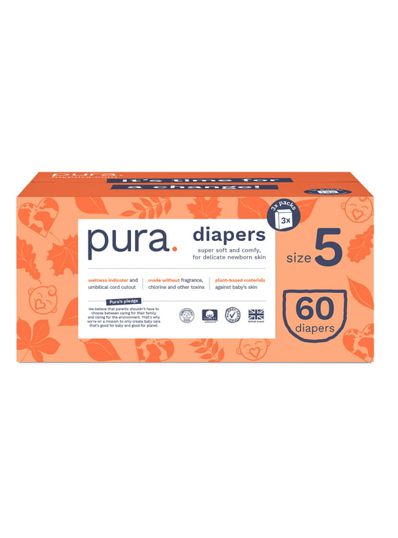 Pura Sensitive Soft Sustainable Baby Diapers Size 5, 60 Count (Choose Your Size and Count)
