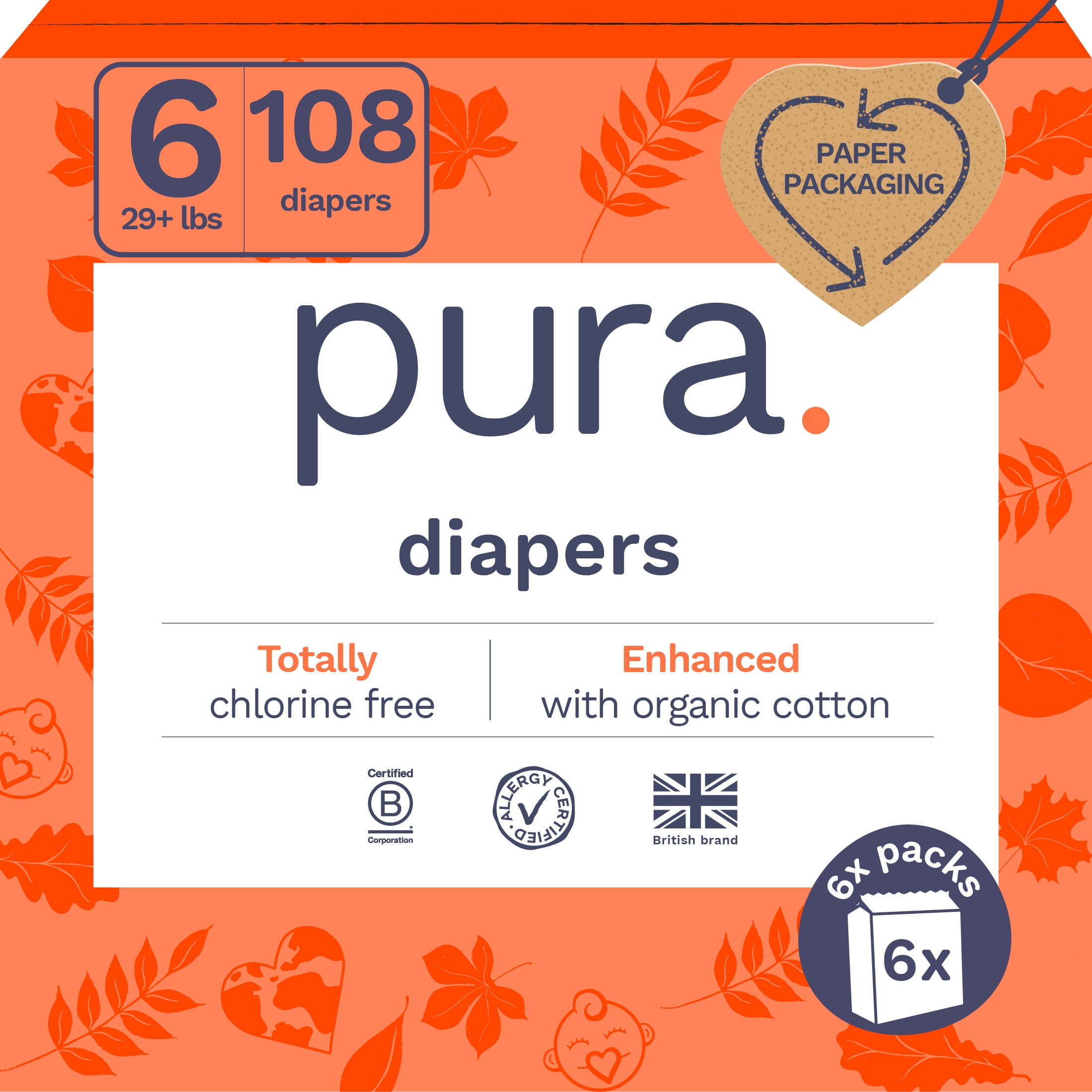 Pura Sustainable Baby Diapers, Sensitive Soft, Size 6, Count 108