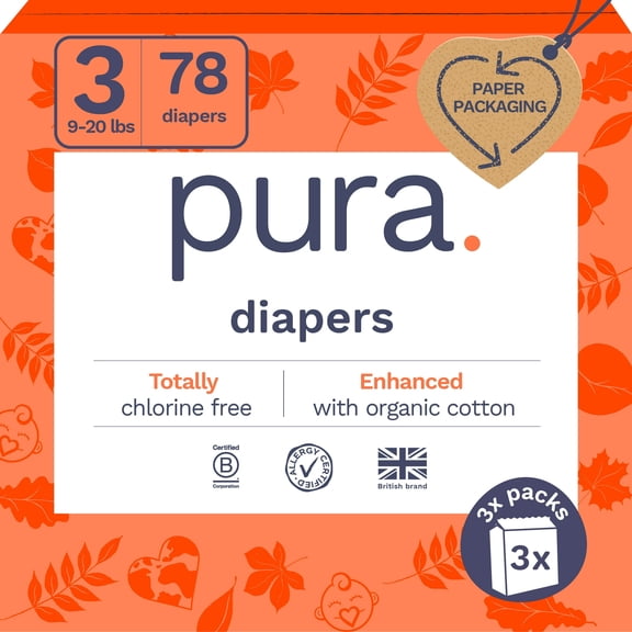 Pura Sensitive Soft Sustainable Diapers Size 3, 78 Count (Choose Your Size and Count)
