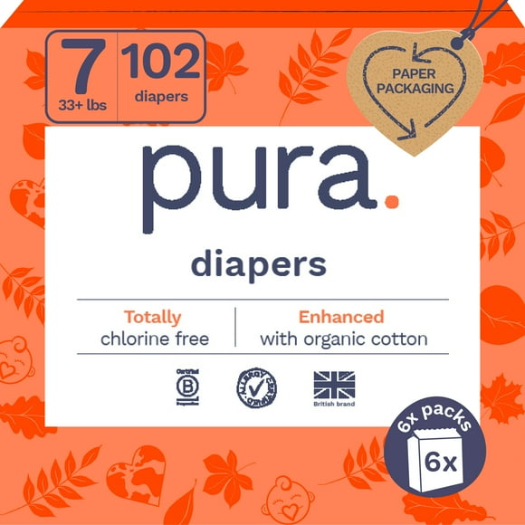 Pura Sensitive Soft Sustainable Diapers Size 7, 102 Count (Choose Your Size and Count)