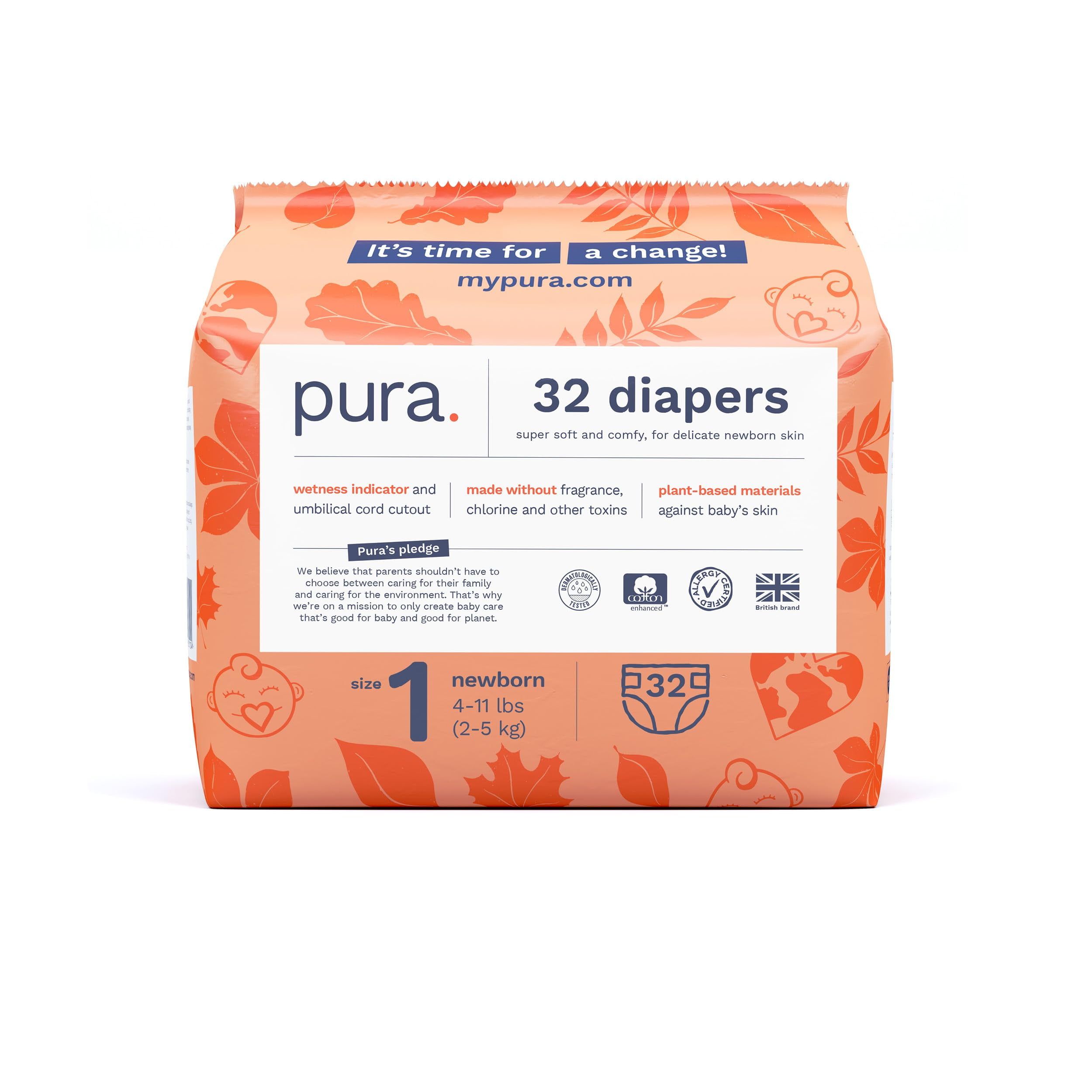 Pura Size 1 Eco-Friendly Diapers (4-11lbs) Hypoallergenic, Soft Organic Cotton Comfort, Sustainable, Wetness Indicator, Allergy UK Certified. Newborn 1 Pack of 32 Baby Diapers RDD17