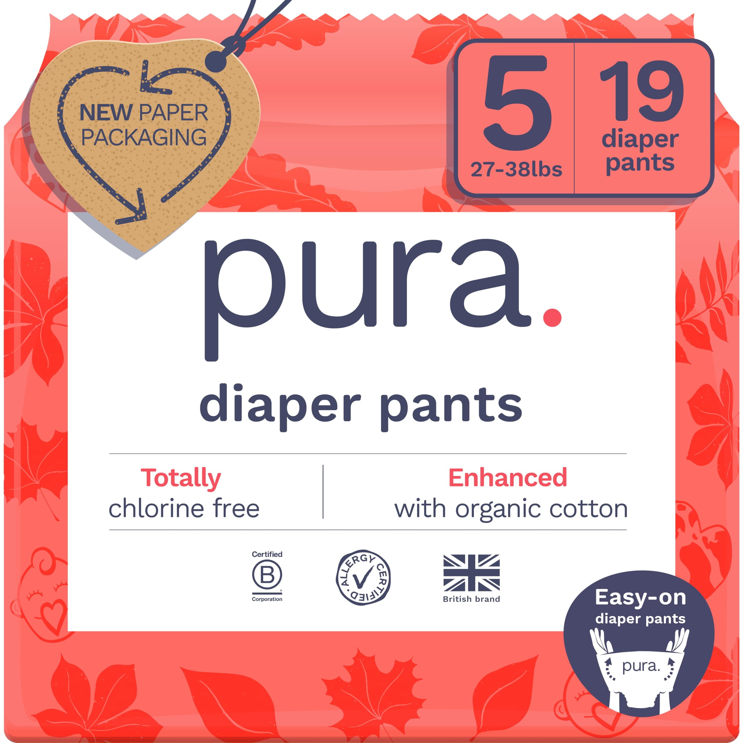 Pura Size 5 Diaper Pants - 1 x 19 Diapers (27-38lbs) Pull Up Disposable Baby Diapers for Sensitive Skin, Hypoallergenic, Fragrance Free, Totally Chlorine Free, Easy-Tear Sides RDD17