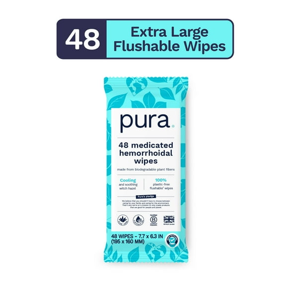 Pura Soothing & Medicated, Flushable Witch Hazel Wipes for Hemorrhoidal Relief, 48 Count