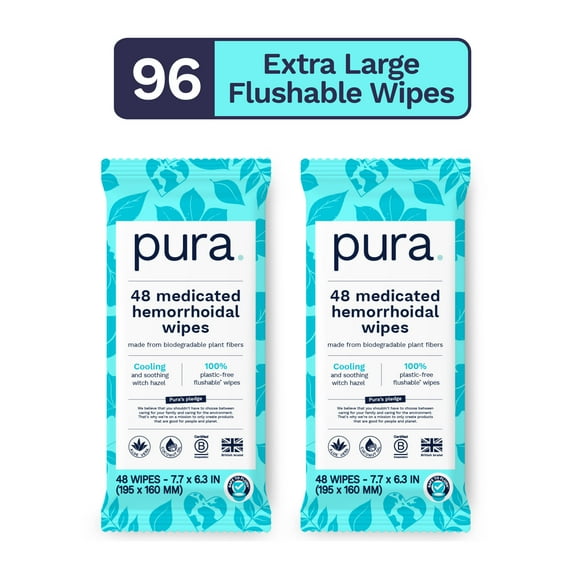Pura Soothing & Medicated, Flushable Witch Hazel Wipes for Hemorrhoidal Relief, 96 Count