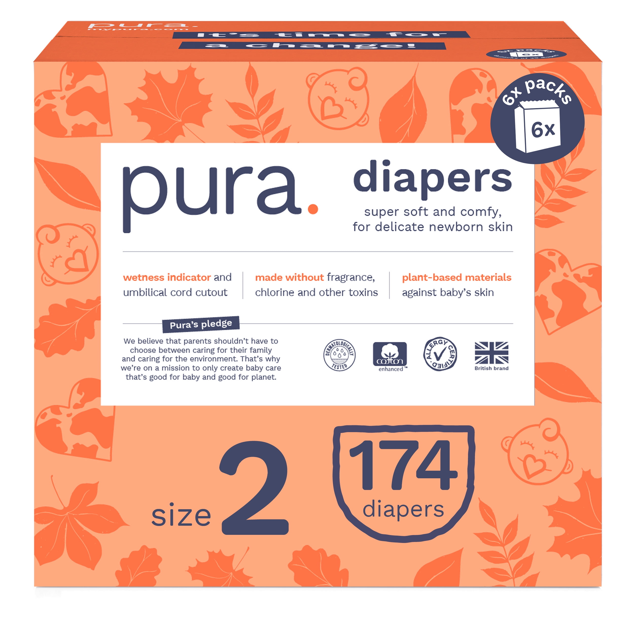 Pura Sustainable Totally Chlorine Free (TCF) Diapers Size 2, 174