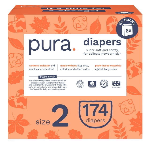 Pura Sustainable Totally Chlorine Free (TCF) Diapers Size 2, 174 Count (Choose Your Size and