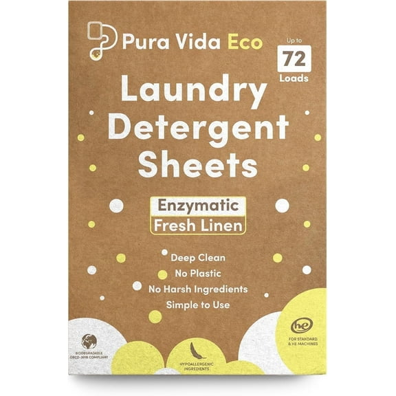 Pura Vida Eco Laundry Detergent Sheets, Fresh Linen Scent, 36 Count, 72 Loads