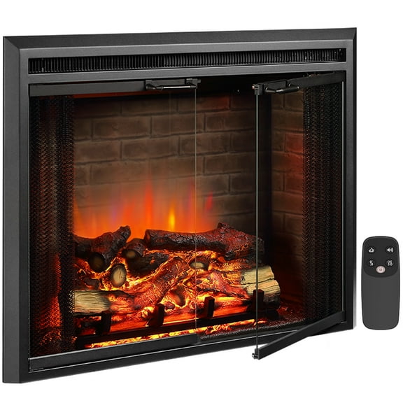 PuraFlame 33" Electric Fireplace Insert EF45B, Fire Crackling Sound, Glass Door, Mesh Screen, 750/1500W, Black, 57.1 lbs