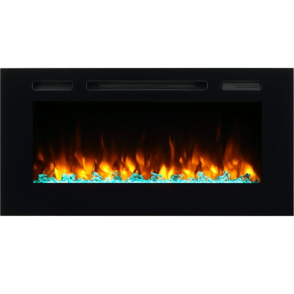 PuraFlame Alice 40 Inches Recessed Electric Fireplace, Flush Mounted for 2 X 6 Stud, Log Set & Crystal, 1500W Heater, Black