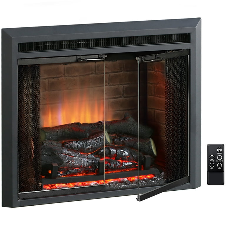 PuraFlame EF42B Electric Fireplace Insert, Crackling Sound, Glass Door &  Mesh Screen, 1500W, Black, 23