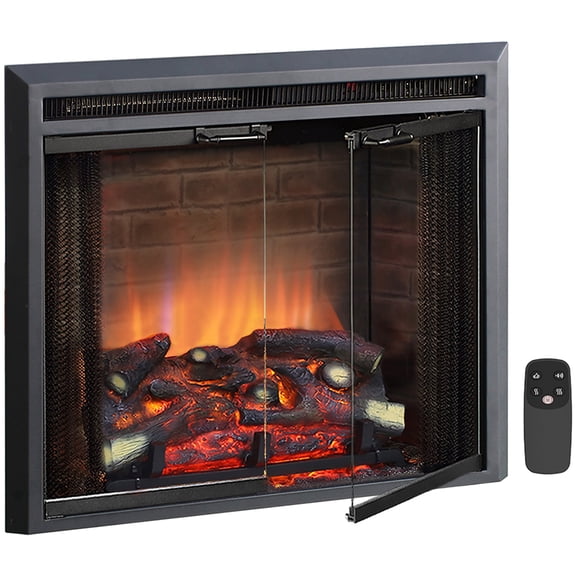 PuraFlame Klaus Electric Fireplace Insert with Fire Crackling Sound, Glass Door and Mesh Screen, 750/1500W, Black, 25 63/64 Inches Wide, 23 3/16 Inches High