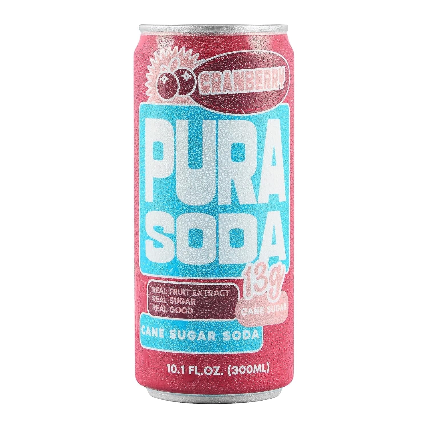PuraSoda® Cranberry | Low-Calorie, Cane Sugar Soda Beverage | Non-GMO, Vegan | Made with Pure Cane Sugar, No Preservatives | 10.1 fl oz (300ml) Cans, 24-Pack