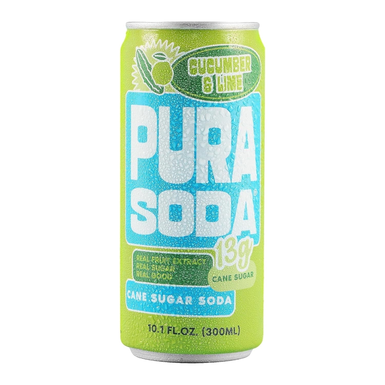 PuraSoda® Cucumber & Lime | Low-Calorie, Cane Sugar Soda Beverage | Non-GMO, Vegan | Made with Pure Cane Sugar, No Preservatives | 10.1 fl oz (300ml) Cans, 24-Pack