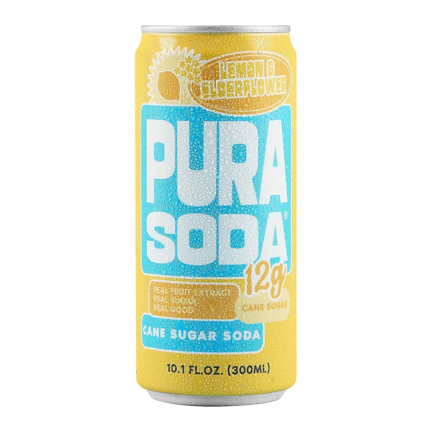 PuraSoda® Lemon & Elderflower | Low-Calorie, Cane Sugar Soda Beverage | Non-GMO, Vegan | Made with Pure Cane Sugar, No Preservatives | 10.1 fl oz (300ml) Cans, 24-Pack
