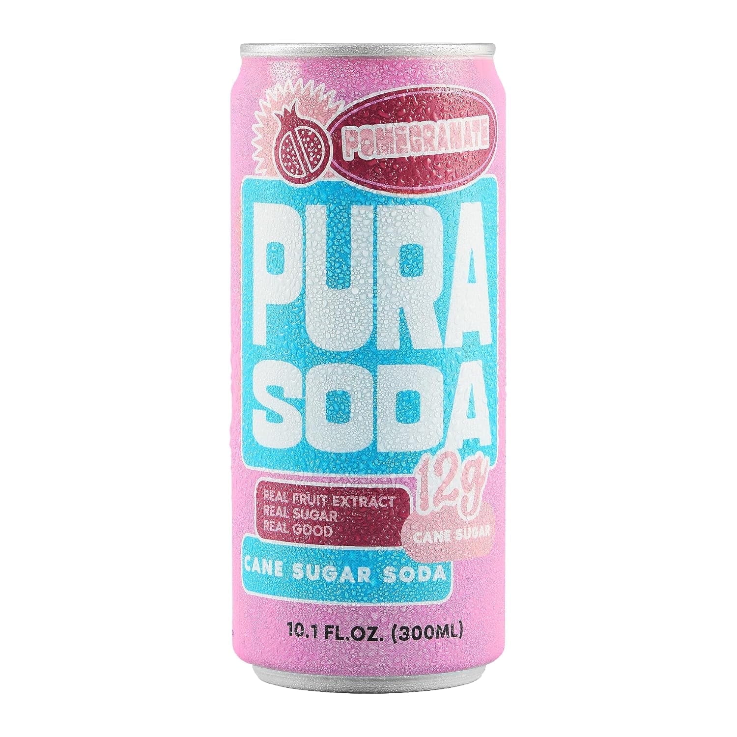 PuraSoda® Pomegranate | Low-Calorie, Cane Sugar Soda Beverage | Non-GMO, Vegan | Made with Pure Cane Sugar, No Preservatives | 10.1 fl oz (300ml) Cans, 24-Pack