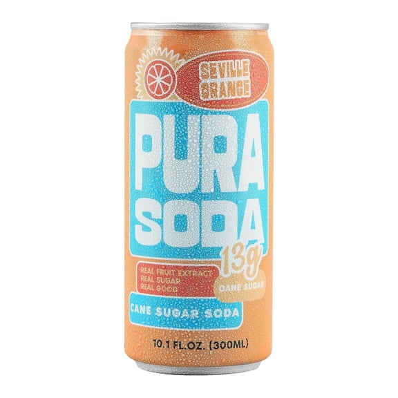 PuraSoda Seville Orange | Low-Calorie, Cane Sugar Soda, Beverage | Non-GMO, Vegan | Made with Pure Cane Sugar, No Preservatives | 10.1 fl oz (300ml) Cans, 24-Pack