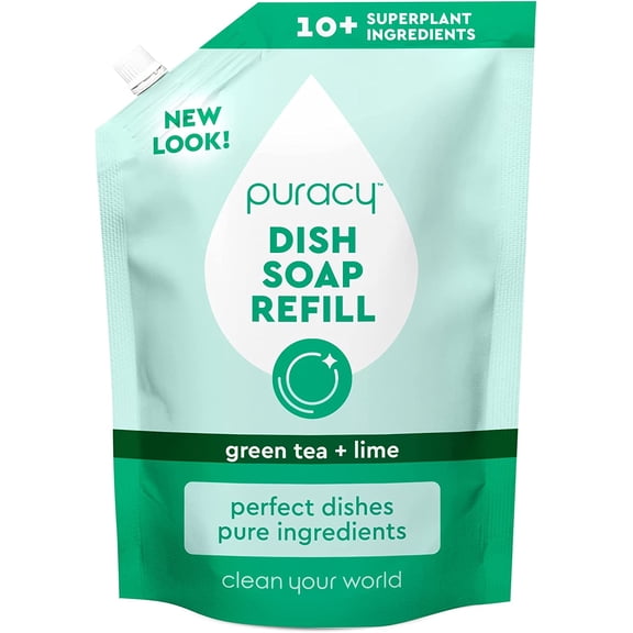 Puracy Dish Soap Refill, Green Tea & Lime, Natural Liquid Dishwashing Detergent Refills, 48 Ounce