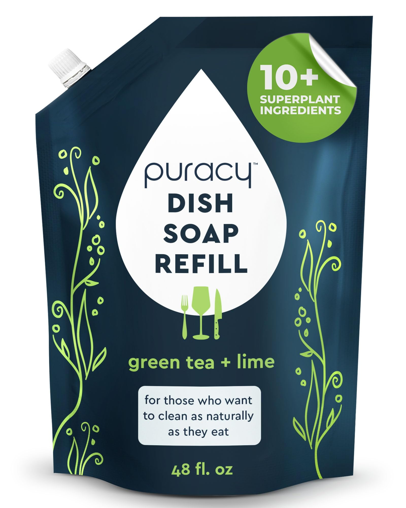 Puracy Natural Dish Soap Refill, Skin-Softening Plant-Based Liquid Dishwashing Detergent Soap, Clean-Rinsing Water-Sheeting Formula, (Green Tea and Lime 48 Oz)