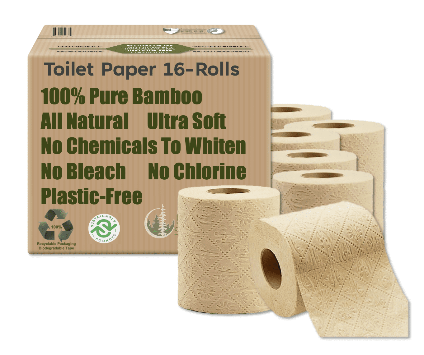 Purafide Premium-Quality, All-Natural Bamboo Toilet Paper, Tree-Free, Chemical-Free, Sustainable, Strong, Thick 3-Ply, 300 Sheets Per Roll (TP 16 Rolls)