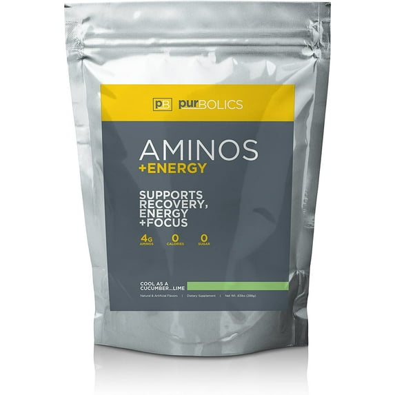 Purbolics Aminos + Energy | Supports Recovery, Energy & Focus | 95mg of Caffeine, 0 Calories & 60 Servings (Cool As a Cucumber Lime)