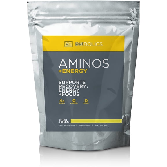 Purbolics Aminos + Energy | Supports Recovery, Energy & Focus | 95mg of Caffeine, 0 Calories & 60 Servings (Lemon Squeeze)
