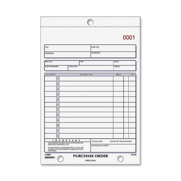 Purchase Order Book Bottom Punch, 5 1/2 x 7 7/8, Two-Part Carbonless, 50 Forms