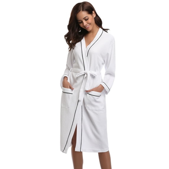 Purcoar Women Knitted Waffle Bathrobe Knee Lenghth Bath Gown Spa Robe