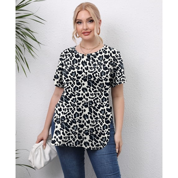 Purcoar Women Plus Size Round Neck T-Shirt Printed Floral Top