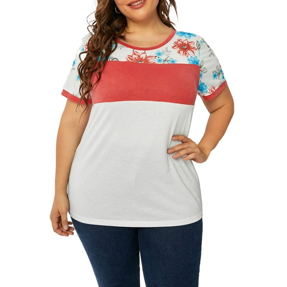 Purcoar Women' Plus T Shirt Floral Printed Short Sleeve Top, White
