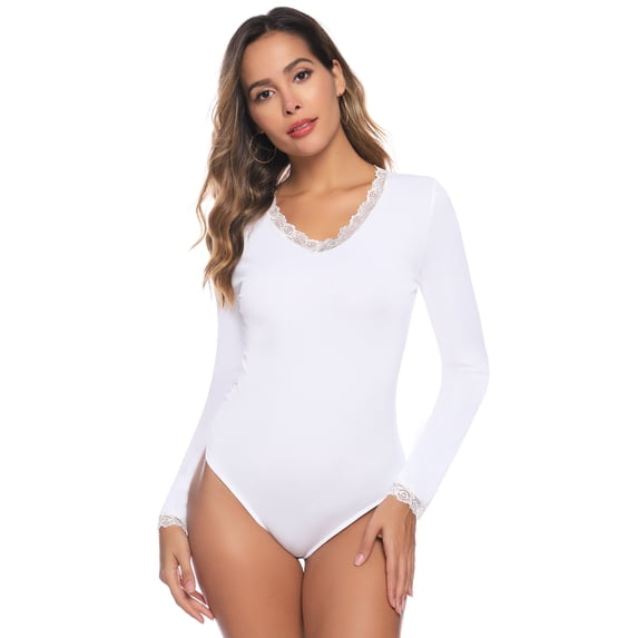 Purcoar Women's Bodysuit V-Neck Long Sleeves Shapewear Onesies Body Suit