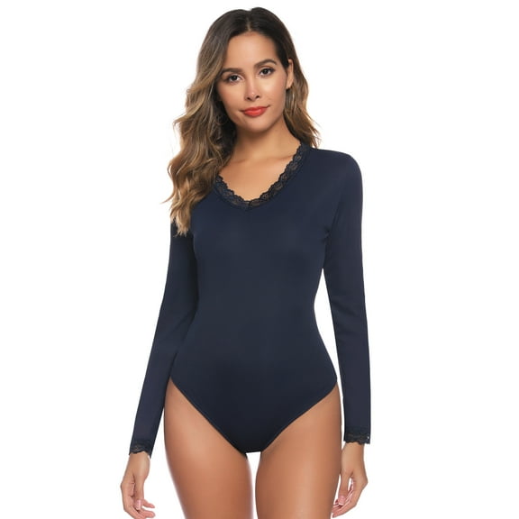Purcoar Women's Bodysuit V-Neck Long Sleeves Shapewear Onesies Body Suit