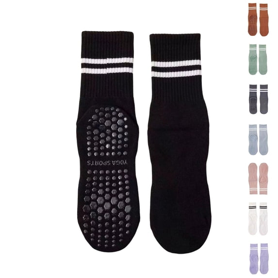 Purcolt 1PC Non Slip Yoga Socks for Women Comfort Breathable Moisture Wicking Striped Mid Calf Crew Socks with Grippers for Pilates Barre and Home Workouts