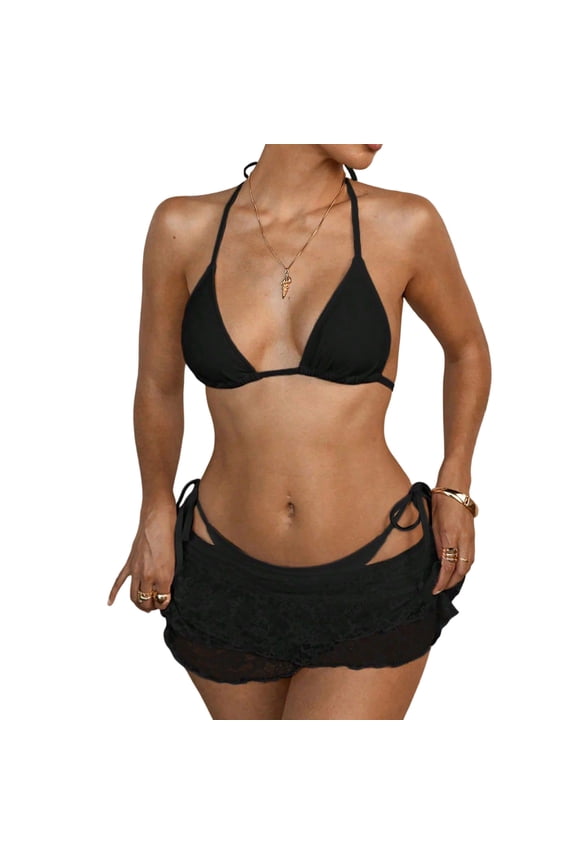 2 Piece Bikini Sets for Women with Mesh Skirt, Halter Triangle Bathing Suit, Adjustable Side String Brazilian Swimsuits
