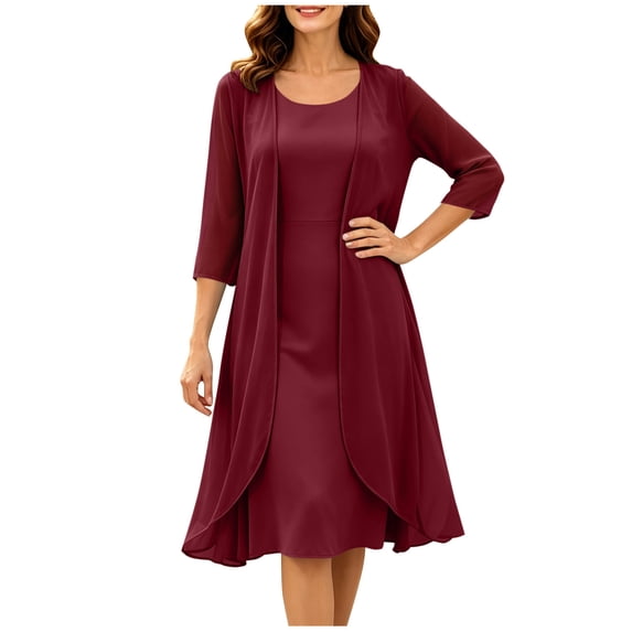 Purcolt 2 Piece Dress Sets for Women Elegant Casual 3/4 Sleeve Sheer Open Front Cardigan and Crewneck Midi Dress for Business Work Office