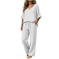 thumbnail image 1 of Purcolt 2 Piece Outfits for Women Cotton Linen V Neck High Low Top Drawstring Wide Leg Pants Set Vacation Beach Travel Lounge Outfit, 1 of 7