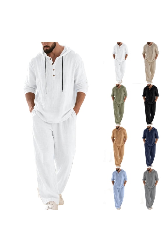 2 Piece Sets for Men Button Down Cotton Linen Shirts with Hood and Beach Pants Loose Fit Casual Vacation Outfits