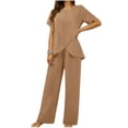 thumbnail image 1 of Purcolt 2 Pieces Pants Suits for Women Dressy Short Sleeve Ruffle Layered Tops Wide Leg Pants Matching Set Casual Summer Outfits, 1 of 9