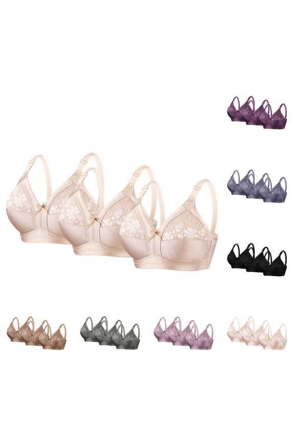 3 Pack Plus Size Wireless Bra for Women Full Coverage Floral Contrast Lace Minimizer Bra V Neck Comfort Bralettes Full Coverage Everyday Bras, 36C-46D