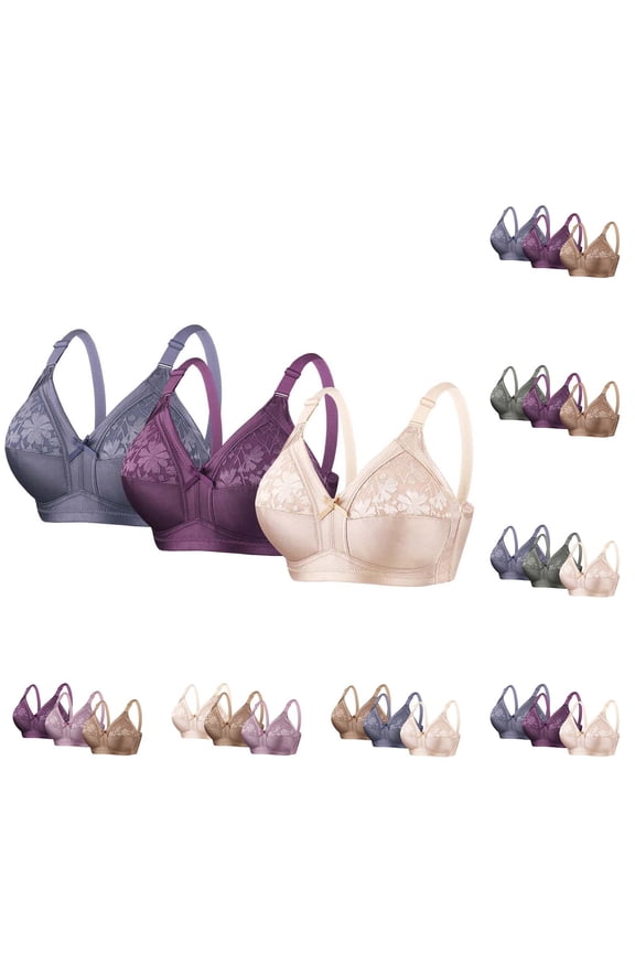 3 Pack Plus Size Wireless Bra for Women Full Coverage Floral Contrast Lace Minimizer Bra V Neck Comfort Bralettes Full Coverage Everyday Bras, 36C-46D