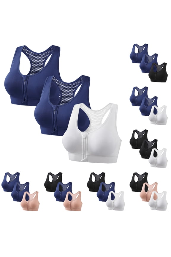3 Pack Women's Zip Front Racerback Sports Bra Medium Support Wireless Post-Surgery Bra High Impact Active Yoga Workout Bras