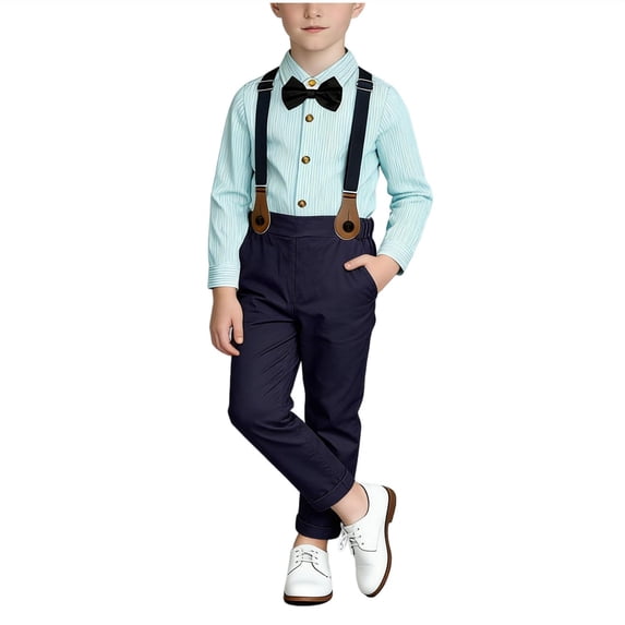 Purcolt 4 Piece Sets for Boys Semi Formal Outfit Dressy Casual Long Sleeve Dress Shirt Suspender Pants Bow Tie for Party Wedding, 1-15 Years