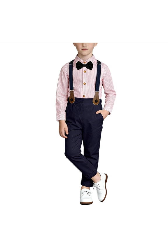 4 Piece Sets for Boys Semi Formal Outfit Dressy Casual Long Sleeve Dress Shirt Suspender Pants Bow Tie for Party Wedding, 1-15 Years