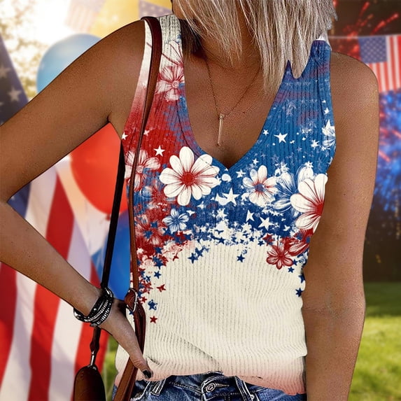 Purcolt American Flag Ribbed Tank Tops for Women 4th of July Patriotic Shirts Sleeveless V Neck Slim Basic Tees Top