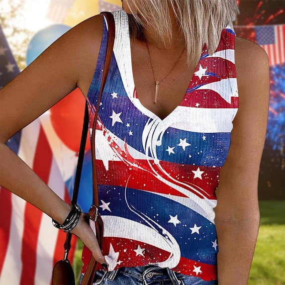 Purcolt American Flag Ribbed Tank Tops for Women 4th of July Patriotic Shirts Sleeveless V Neck Slim Basic Tees Top
