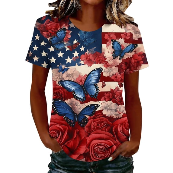 Purcolt American Flag T Shirt Women USA Star Stripes Fourth July Tee Shirts Casual America Flag Print Round Neck Tee Tops