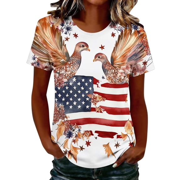 Purcolt American Flag T Shirt Women USA Star Stripes Fourth July Tee Shirts Casual America Flag Print Round Neck Tee Tops