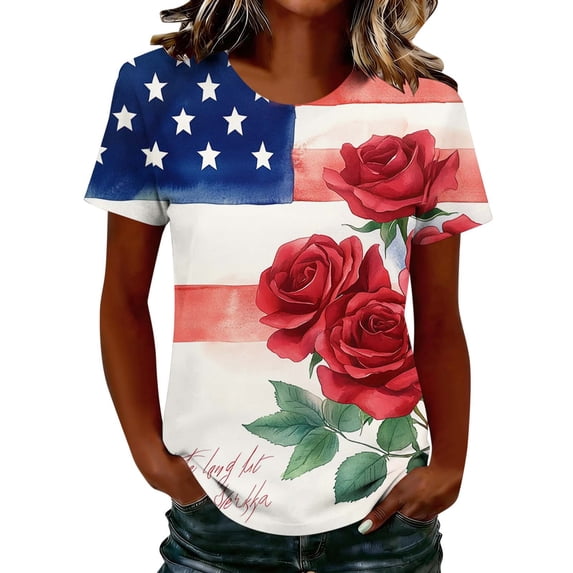Purcolt American Flag T Shirt Women USA Star Stripes Fourth July Tee Shirts Casual America Flag Print Round Neck Tee Tops