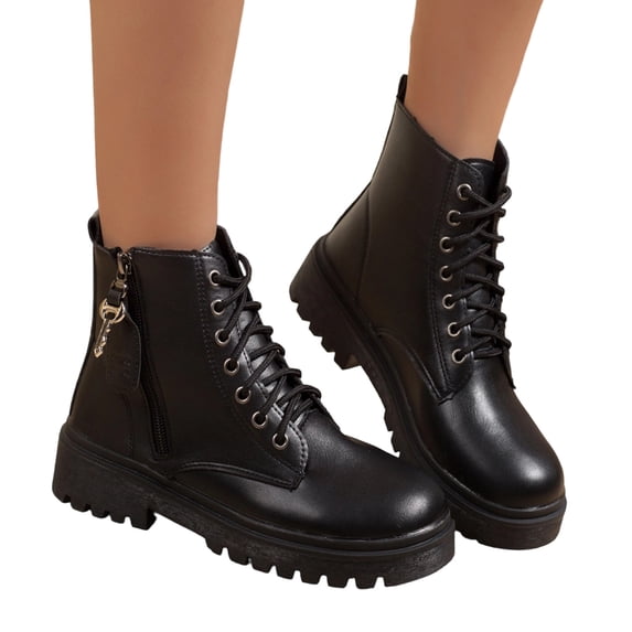 Purcolt Ankle Boots for Women Dressy Casual PU Leather Round Toe Block Heel Lace-up Short Booties Comfort Slip on Dress Shoes Streetwear with Side Zipper