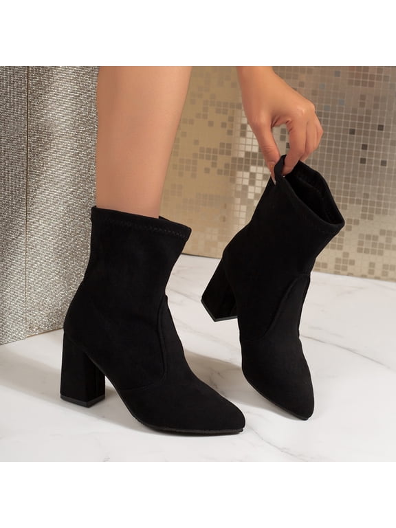 Ankle Boots for Women Vintage Trendy Faux Suede Pointed Toe Block Heel Booties Comfort Breathable Slip-on Business Work Office Short Boots