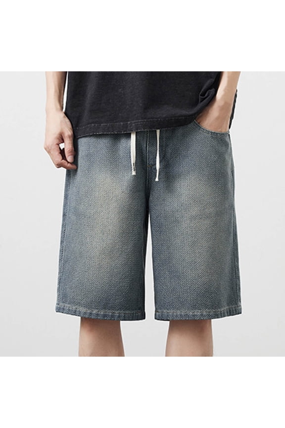 Baggy Jean Shorts for Men, Drawstring Elastic Waist Loose Fit Straight Leg Denim Shorts Beach Bermuda Shorts